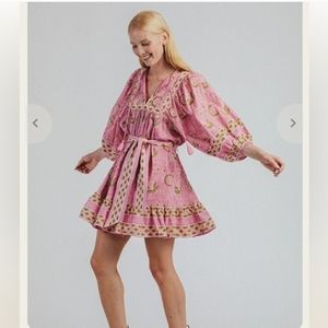 Cleobella Magdalena Paisley Floral Tassel Belted 3/4 Sleeves Pink Mini Dress